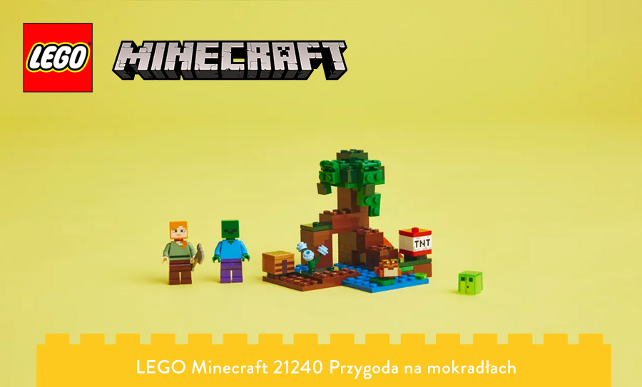 LEGO Minecraft 21240 Przygoda na mokradłach - widok z boku na żółtym tle
